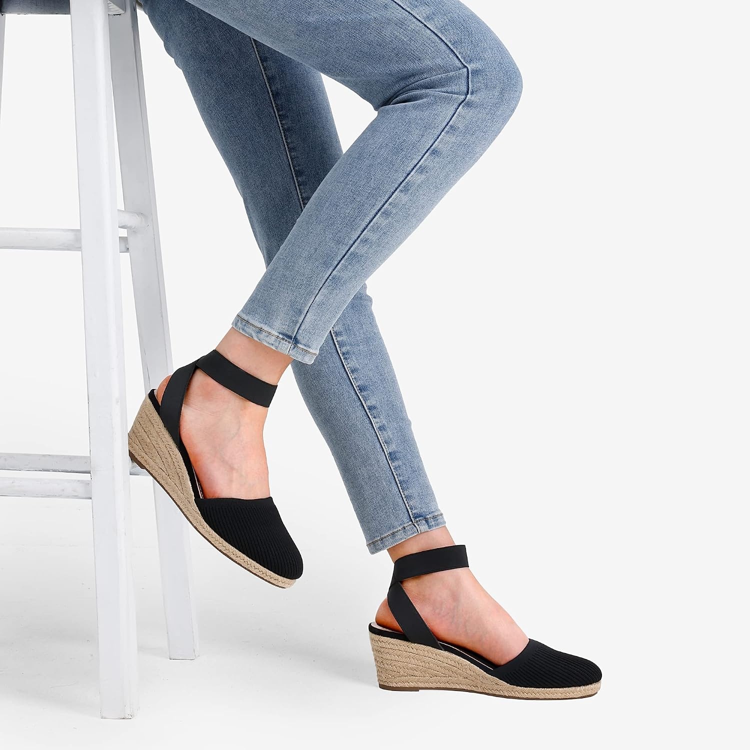 image:imageDREAM PAIRS Womens Elastic Ankle Strap Espadrilles Wedge SandalsBlackknit