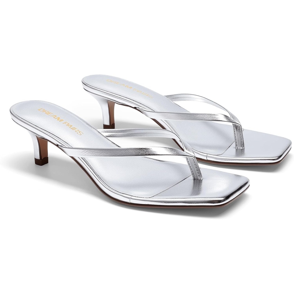 image:imageDREAM PAIRS Kitten Heels for Women Flip Flop Low Heels Square Open Toe Sandals Thong 197 Inch Heeled Sandals for Summer VacationSilver