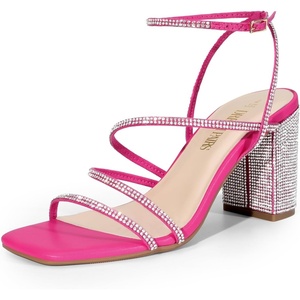 DREAM PAIRS Women’s Heels Chunky Block Strappy Square Open Toe Ankle Buckle 3.15 Inch Heeled Sandals Wedding Party Dress Prom Shoes(Hot Pink-rhinestone)
