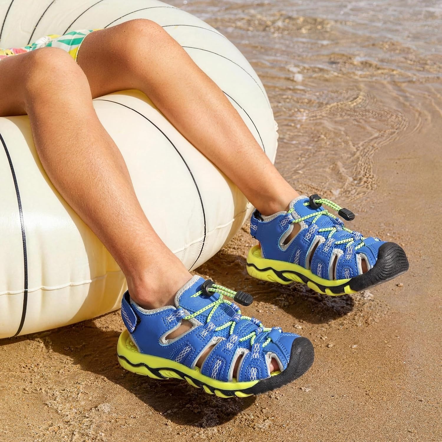 image:imageDREAM PAIRS Boys Girls Summer Outdoor Athletic Sport Sandals Walking Water Hiking Hook and Loop Adjustable Multicolor for ToddlerLittleBig KidsRoyalBlueNeonGreen