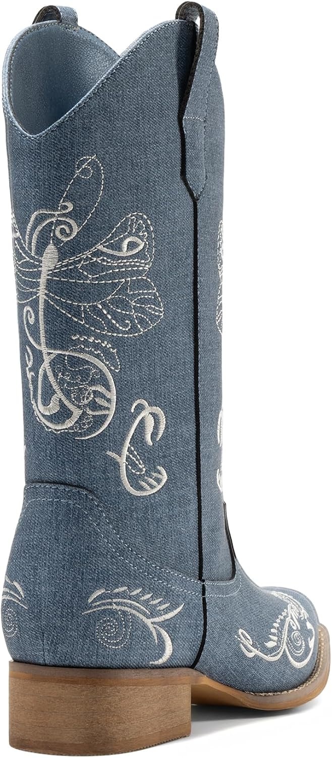 image:imageDREAM PAIRS Womens Square Toe Cowboy Cowgirl Boots Pull On Low Chunky Heel Mid Calf Western Boots with Embroidered Stitched for Theme Party Country ConcertDenim Blue