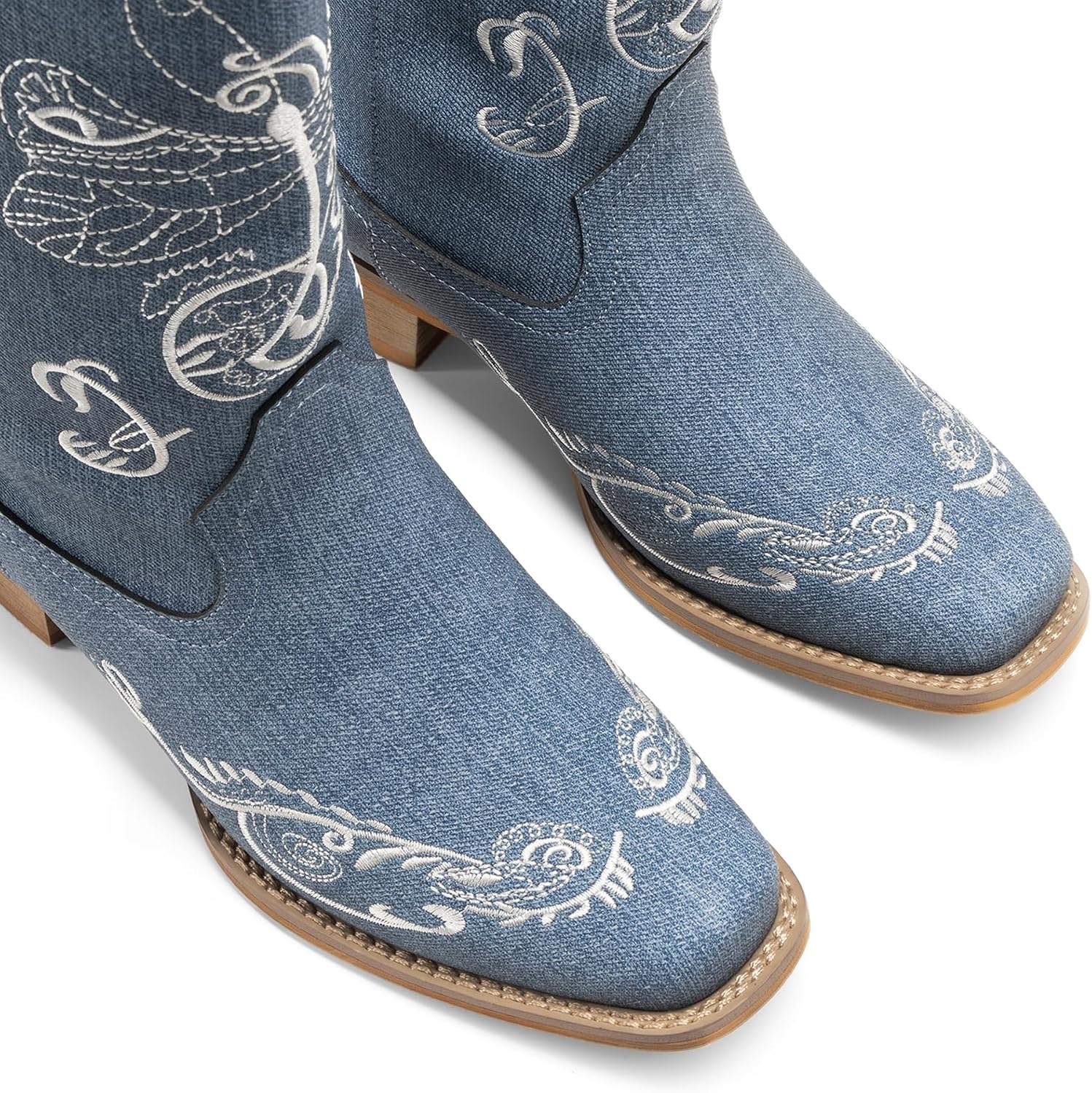 image:imageDREAM PAIRS Womens Square Toe Cowboy Cowgirl Boots Pull On Low Chunky Heel Mid Calf Western Boots with Embroidered Stitched for Theme Party Country ConcertDenim Blue