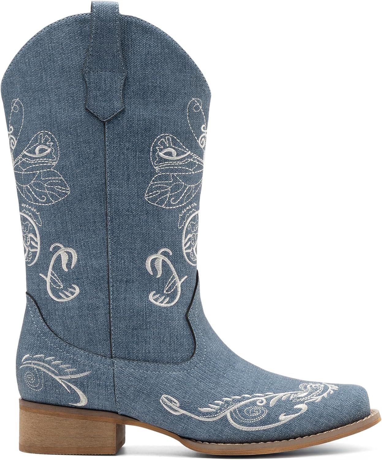image:imageDREAM PAIRS Womens Square Toe Cowboy Cowgirl Boots Pull On Low Chunky Heel Mid Calf Western Boots with Embroidered Stitched for Theme Party Country ConcertDenim Blue