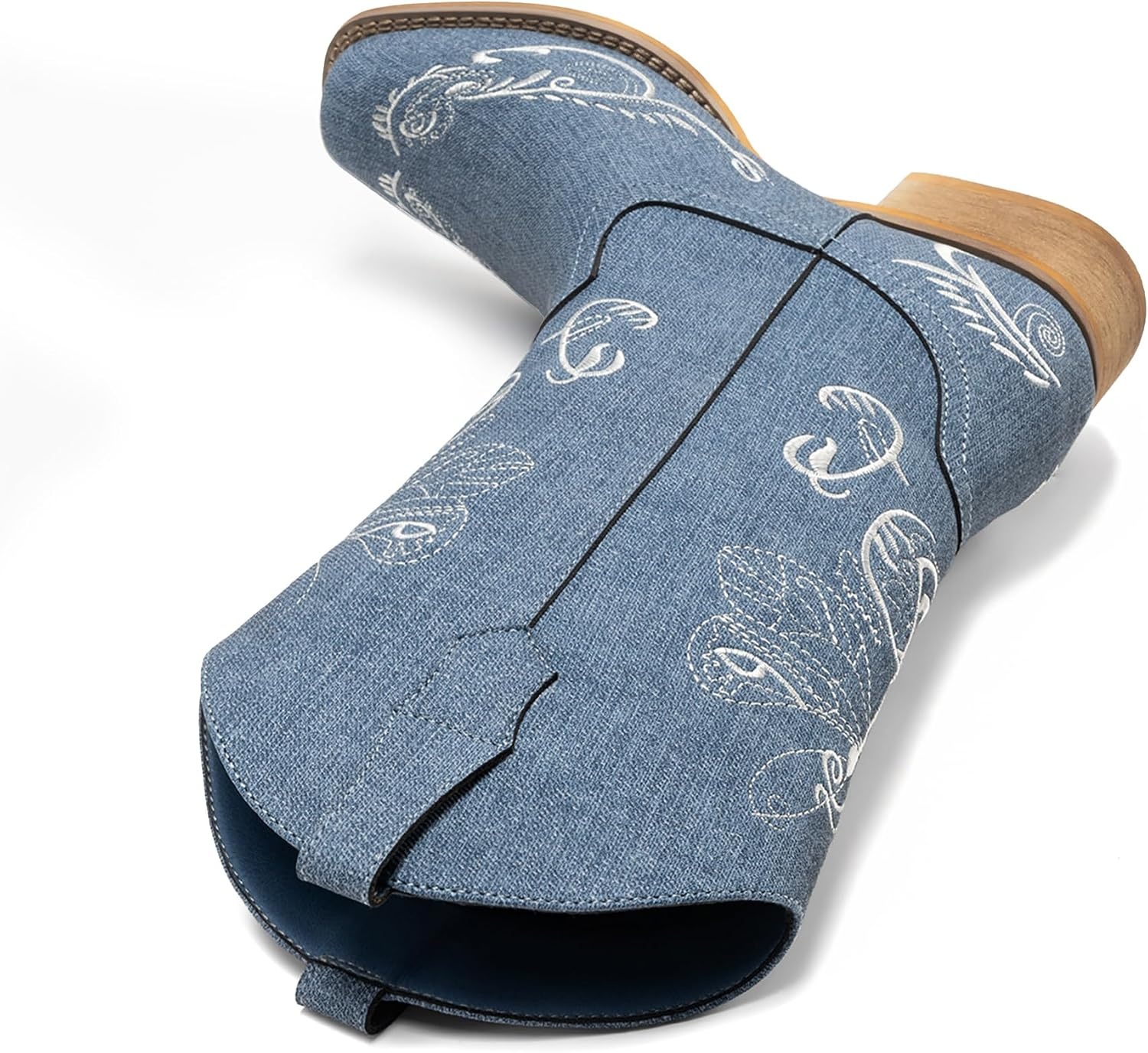 image:imageDREAM PAIRS Womens Square Toe Cowboy Cowgirl Boots Pull On Low Chunky Heel Mid Calf Western Boots with Embroidered Stitched for Theme Party Country ConcertDenim Blue