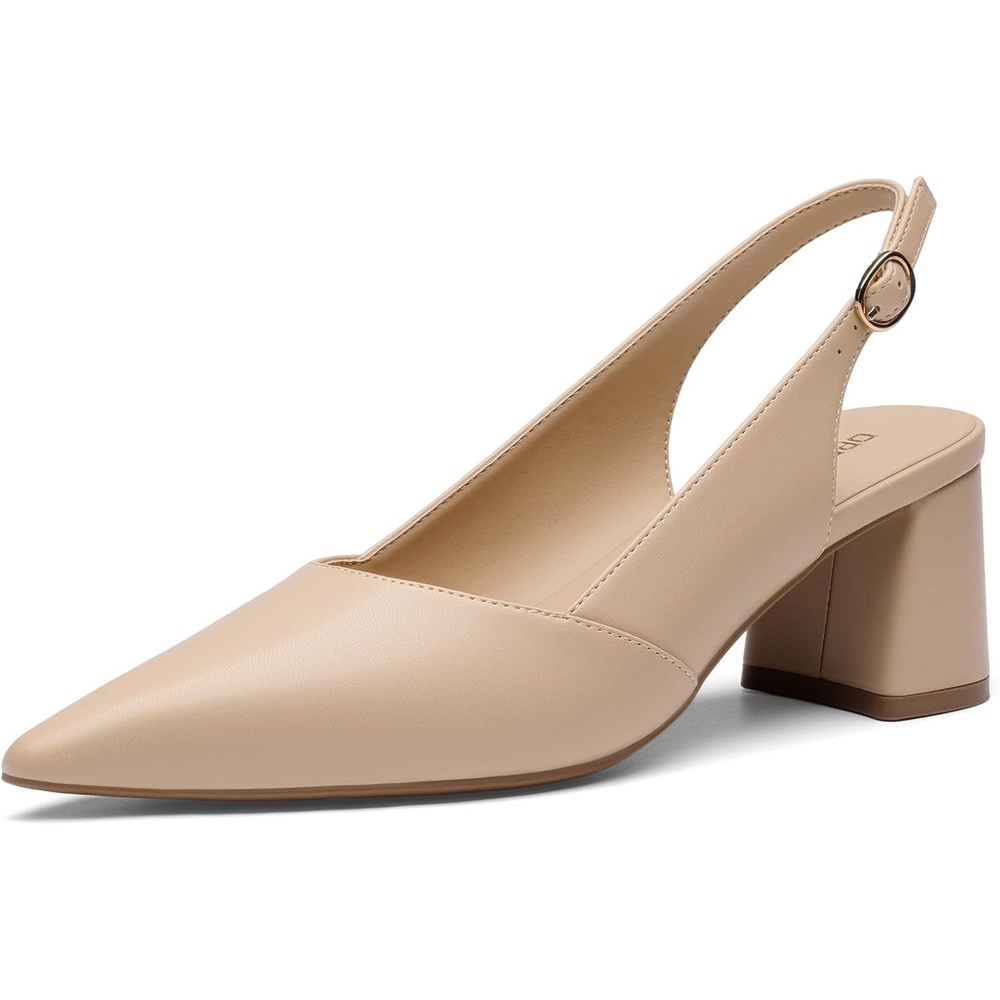 image:imageDREAM PAIRS Womens Slingback Chunky Heels for Women Comfortable Pointed Closed Toe Block Heels Wedding Party Womens Pumps Business Casual Work Dress ShoesNude