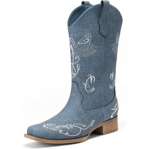 DREAM PAIRS Women’s Square Toe Cowboy Cowgirl Boots Pull On Low Chunky Heel Mid Calf Western Boots with Embroidered Stitched for Theme Party Country Concert(Denim Blue)
