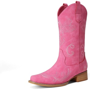 DREAM PAIRS Women’s Square Toe Cowboy Cowgirl Boots Pull On Low Chunky Heel Mid Calf Western Boots with Embroidered Stitched for Theme Party Country Concert(Hot Pink)