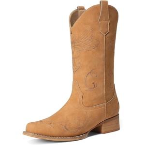 DREAM PAIRS Women’s Square Toe Cowboy Cowgirl Boots Pull On Low Chunky Heel Mid Calf Western Boots with Embroidered Stitched for Theme Party Country Concert(Camel)