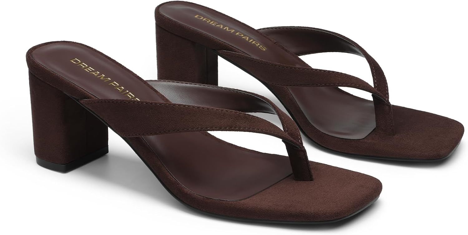 image:imageDREAM PAIRS Dress Summer Travel Chunky Heel Sandals Square Open Toe Slip On Flip Flop Heels Comfortable Thong Elgeant Sandals for Women Walking 2026Dark Brown