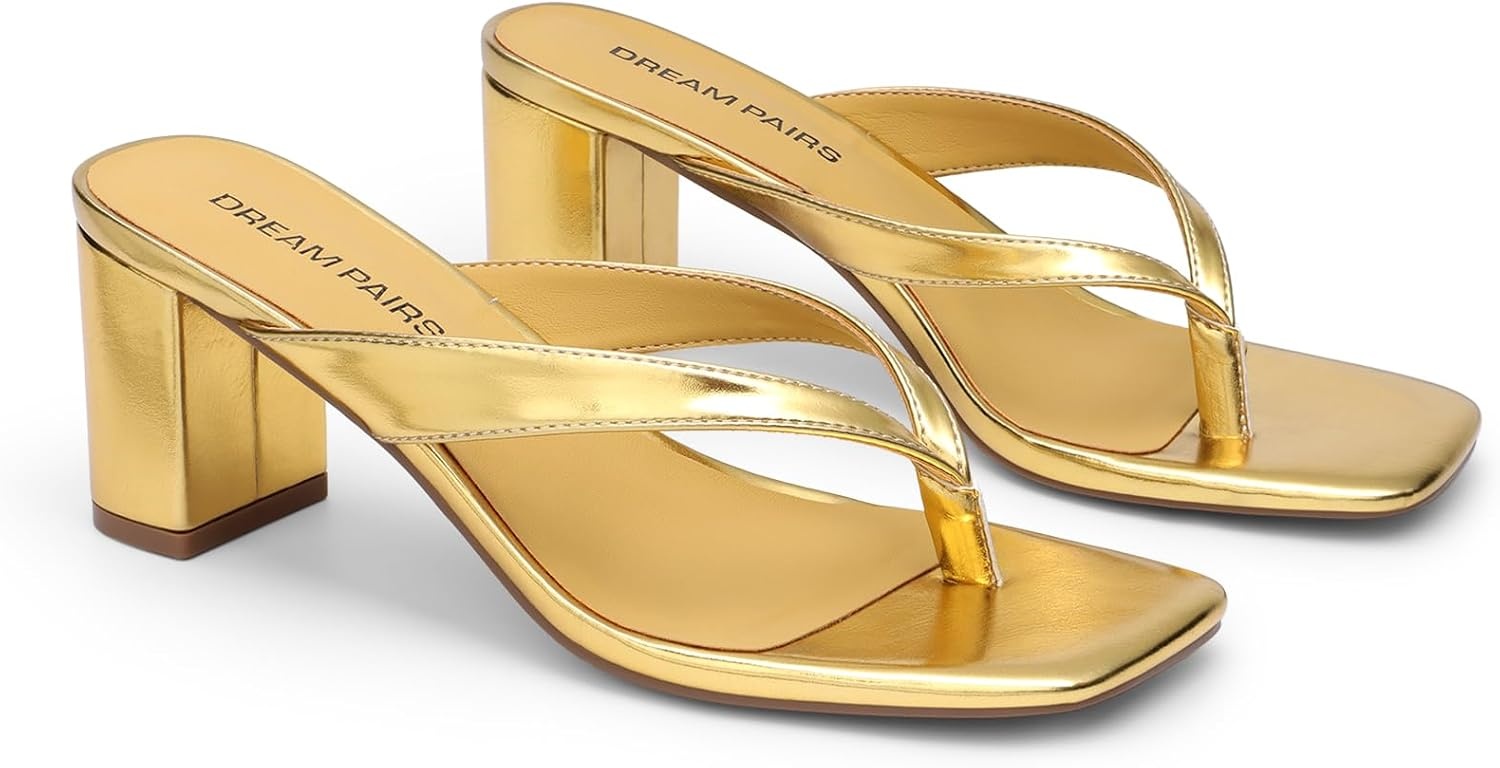 image:imageDREAM PAIRS Dress Summer Travel Chunky Heel Sandals Square Open Toe Slip On Flip Flop Heels Comfortable Thong Elgeant Sandals for Women Walking 2026Gold
