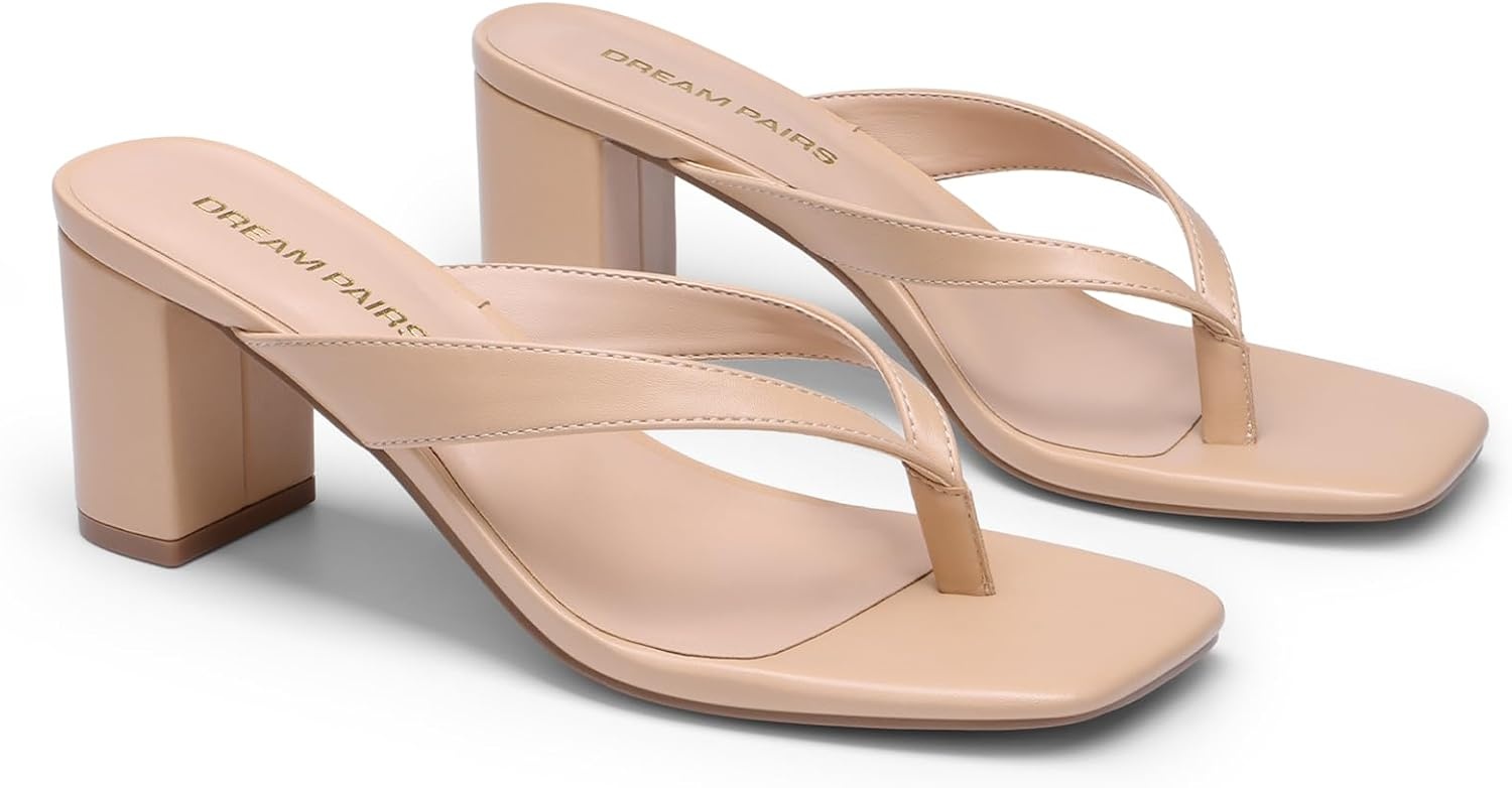 image:imageDREAM PAIRS Dress Summer Travel Chunky Heel Sandals Square Open Toe Slip On Flip Flop Heels Comfortable Thong Elgeant Sandals for Women Walking 2026Nude
