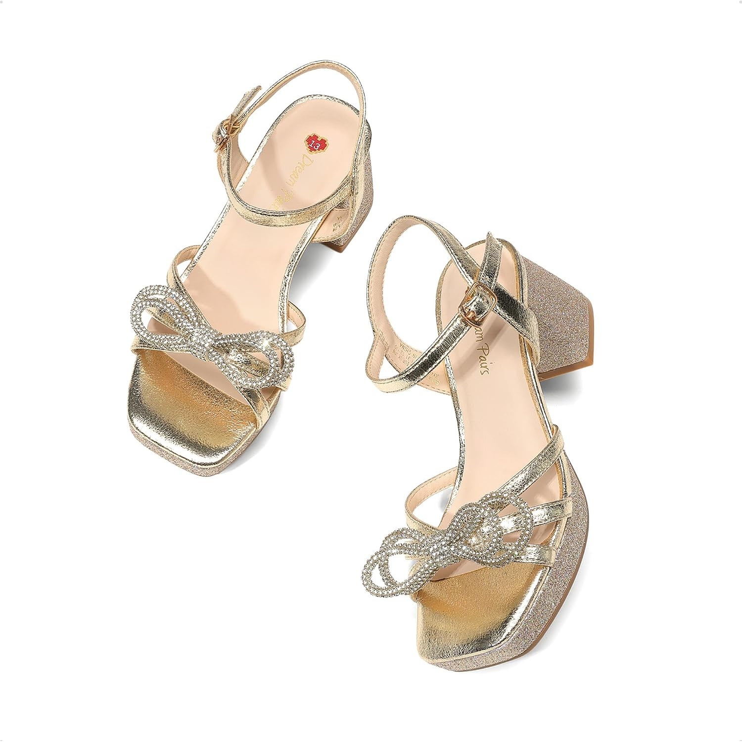 image:imageDREAM PAIRS Girls Sandals Chunky Sandals Foam insoles nonslip sole adjustable strap square toe shiny bow perfect for weddings parties proms amp daily wearGoldglitter