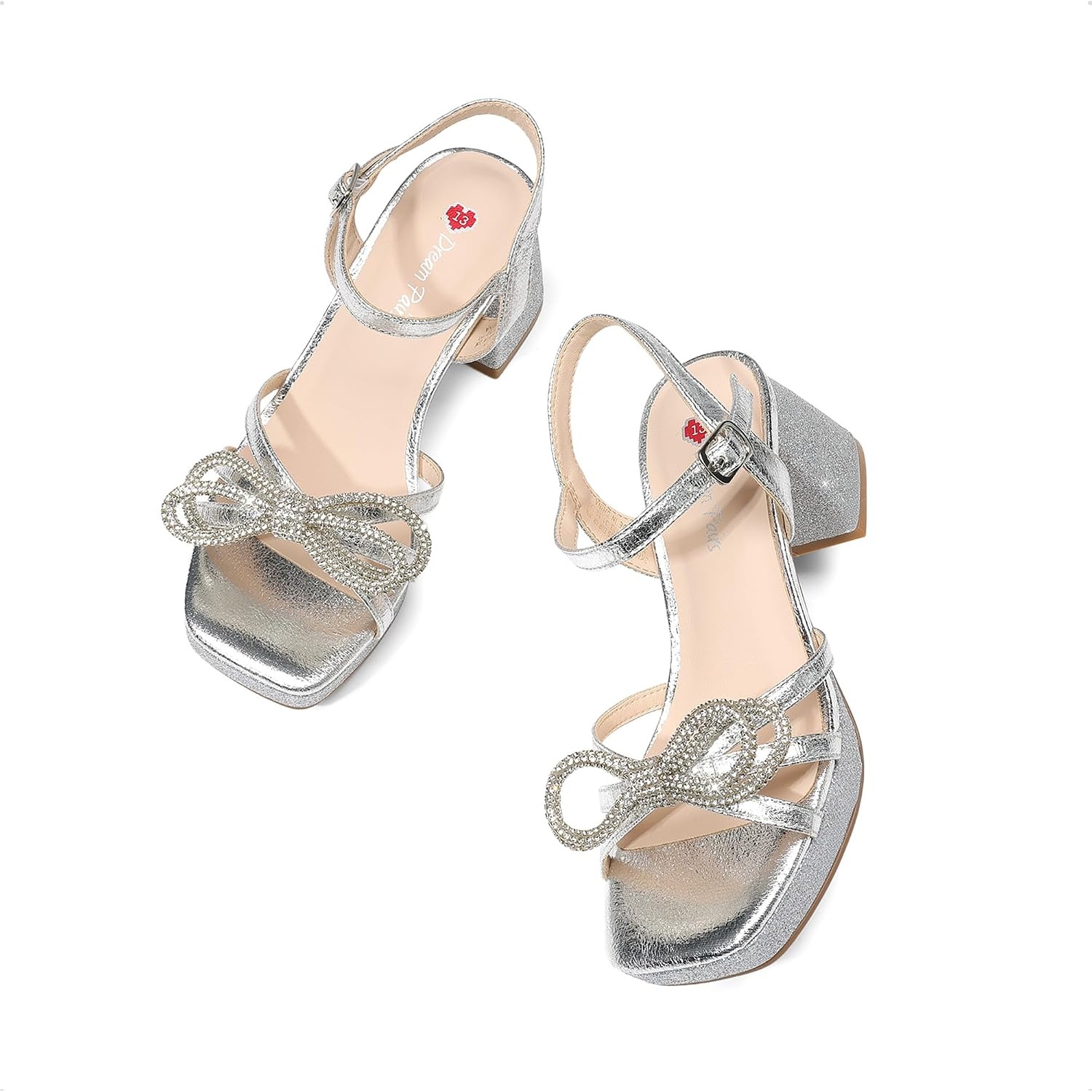 image:imageDREAM PAIRS Girls Sandals Chunky Sandals Foam insoles nonslip sole adjustable strap square toe shiny bow perfect for weddings parties proms amp daily wearSilver