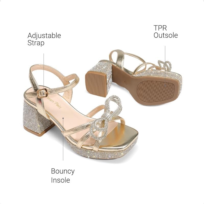 image:imageDREAM PAIRS Girls Sandals Chunky Sandals Foam insoles nonslip sole adjustable strap square toe shiny bow perfect for weddings parties proms amp daily wearGoldmetallic