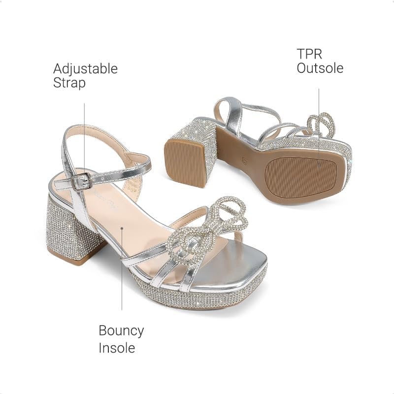 image:imageDREAM PAIRS Girls Sandals Chunky Sandals Foam insoles nonslip sole adjustable strap square toe shiny bow perfect for weddings parties proms amp daily wearSilvermetallic