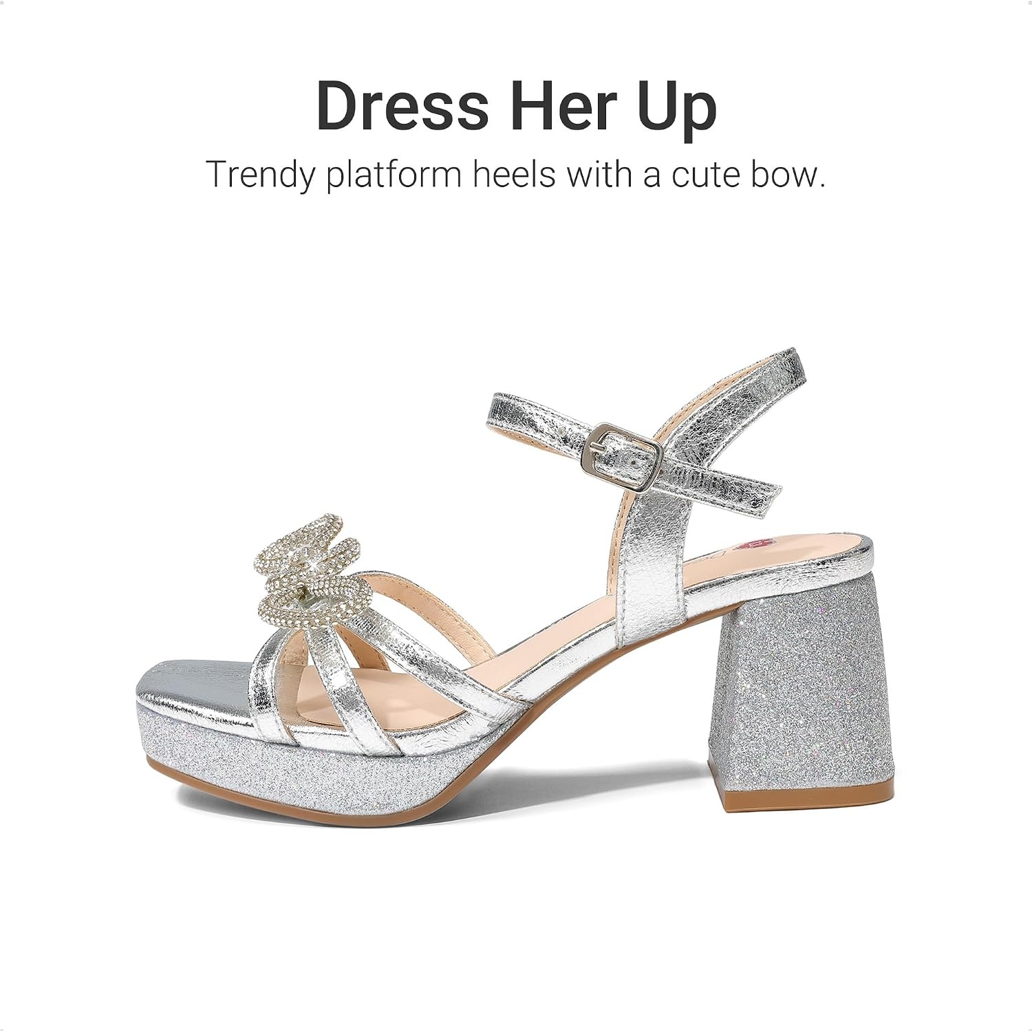 image:imageDREAM PAIRS Girls Sandals Chunky Sandals Foam insoles nonslip sole adjustable strap square toe shiny bow perfect for weddings parties proms amp daily wearSilver