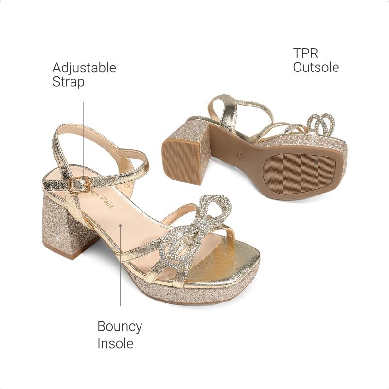 image:imageDREAM PAIRS Girls Sandals Chunky Sandals Foam insoles nonslip sole adjustable strap square toe shiny bow perfect for weddings parties proms amp daily wearGoldglitter