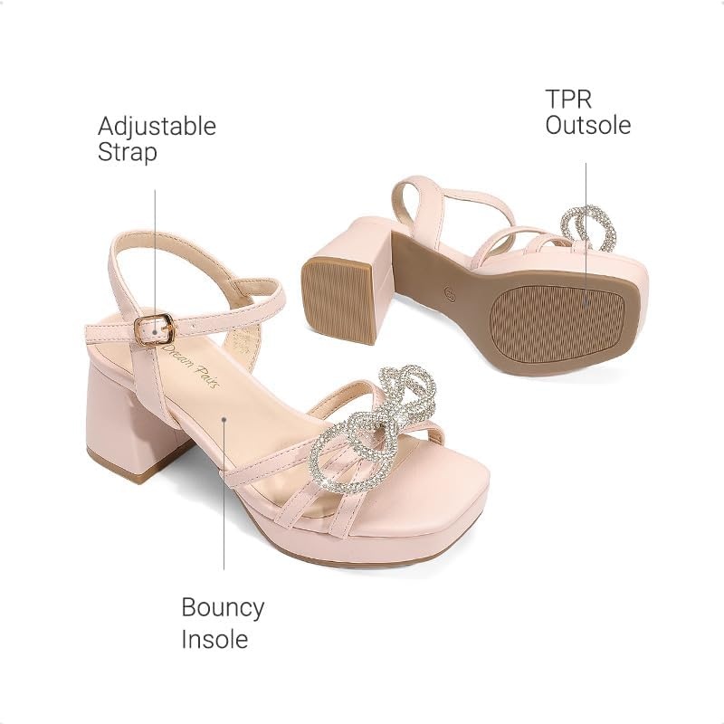 image:imageDREAM PAIRS Girls Sandals Chunky Sandals Foam insoles nonslip sole adjustable strap square toe shiny bow perfect for weddings parties proms amp daily wearPink