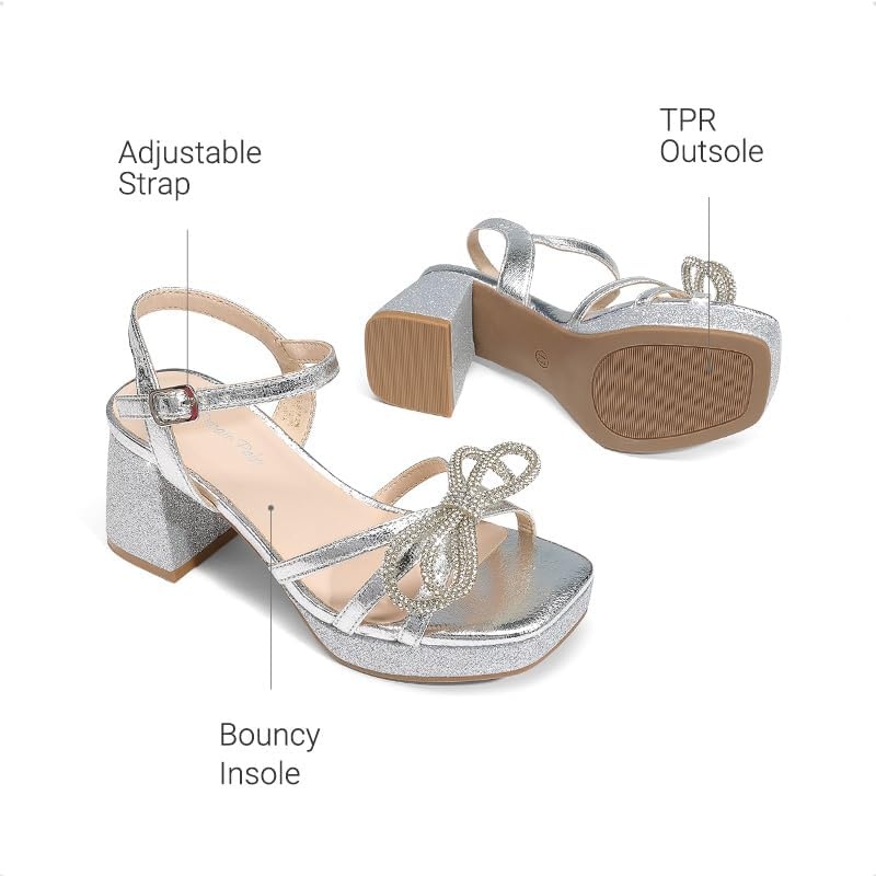 image:imageDREAM PAIRS Girls Sandals Chunky Sandals Foam insoles nonslip sole adjustable strap square toe shiny bow perfect for weddings parties proms amp daily wearSilver