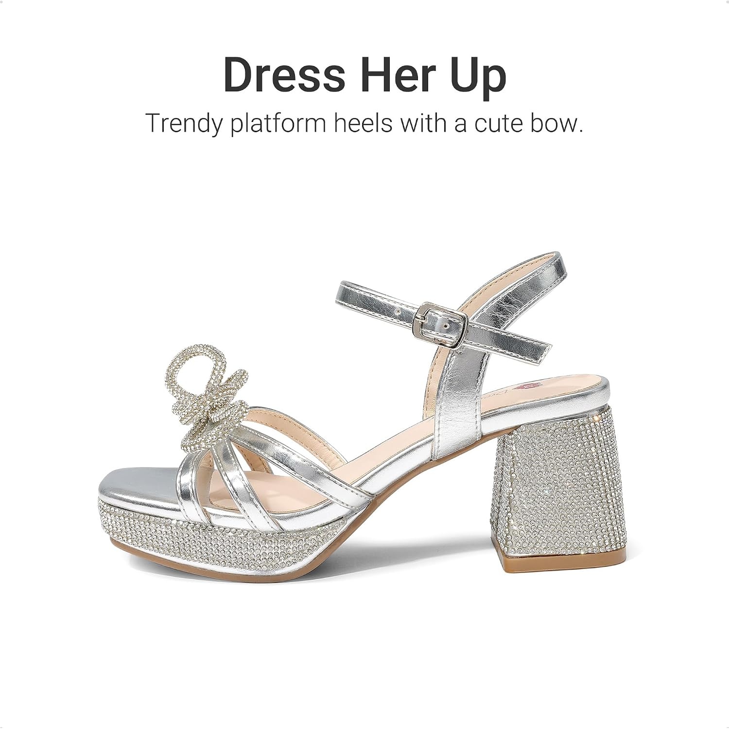image:imageDREAM PAIRS Girls Sandals Chunky Sandals Foam insoles nonslip sole adjustable strap square toe shiny bow perfect for weddings parties proms amp daily wearSilvermetallic