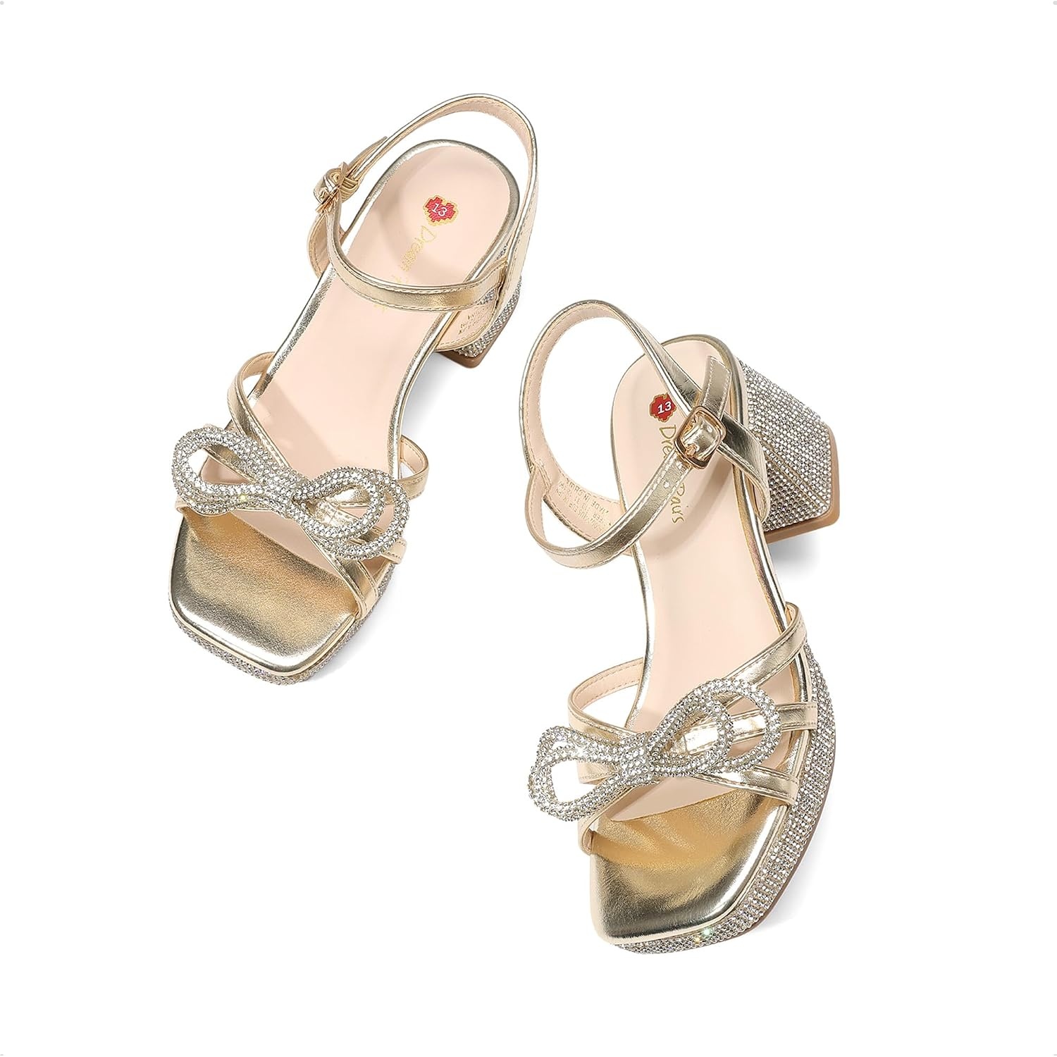 image:imageDREAM PAIRS Girls Sandals Chunky Sandals Foam insoles nonslip sole adjustable strap square toe shiny bow perfect for weddings parties proms amp daily wearGoldmetallic