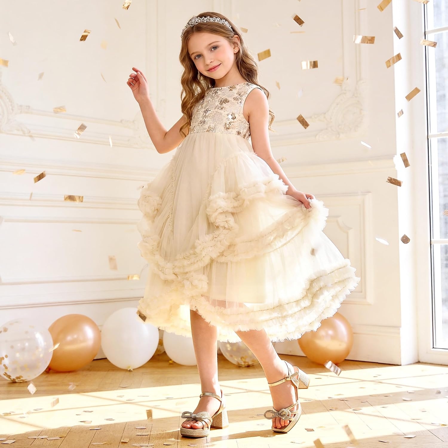 image:imageDREAM PAIRS Girls Sandals Chunky Sandals Foam insoles nonslip sole adjustable strap square toe shiny bow perfect for weddings parties proms amp daily wearGoldglitter