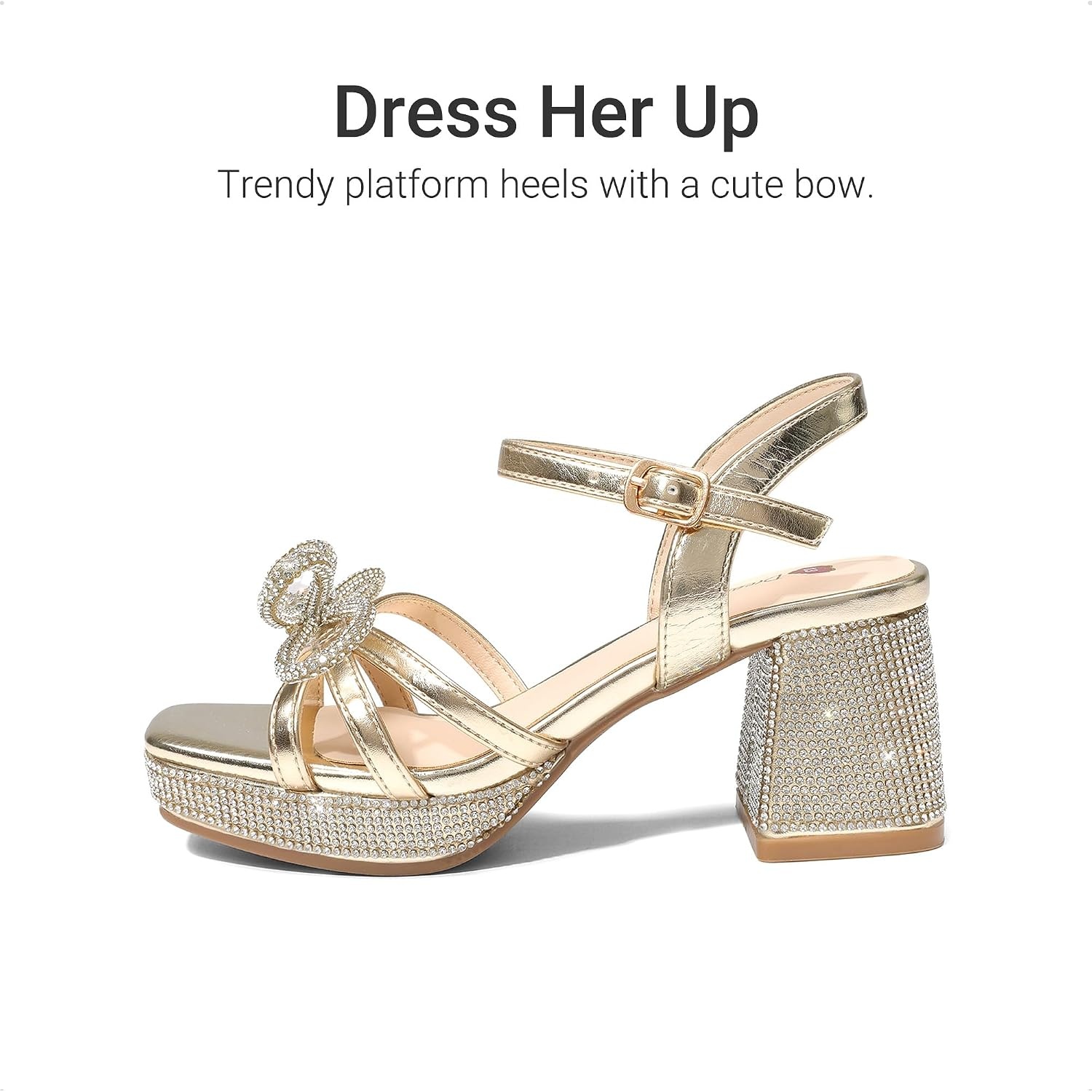 image:imageDREAM PAIRS Girls Sandals Chunky Sandals Foam insoles nonslip sole adjustable strap square toe shiny bow perfect for weddings parties proms amp daily wearGoldmetallic