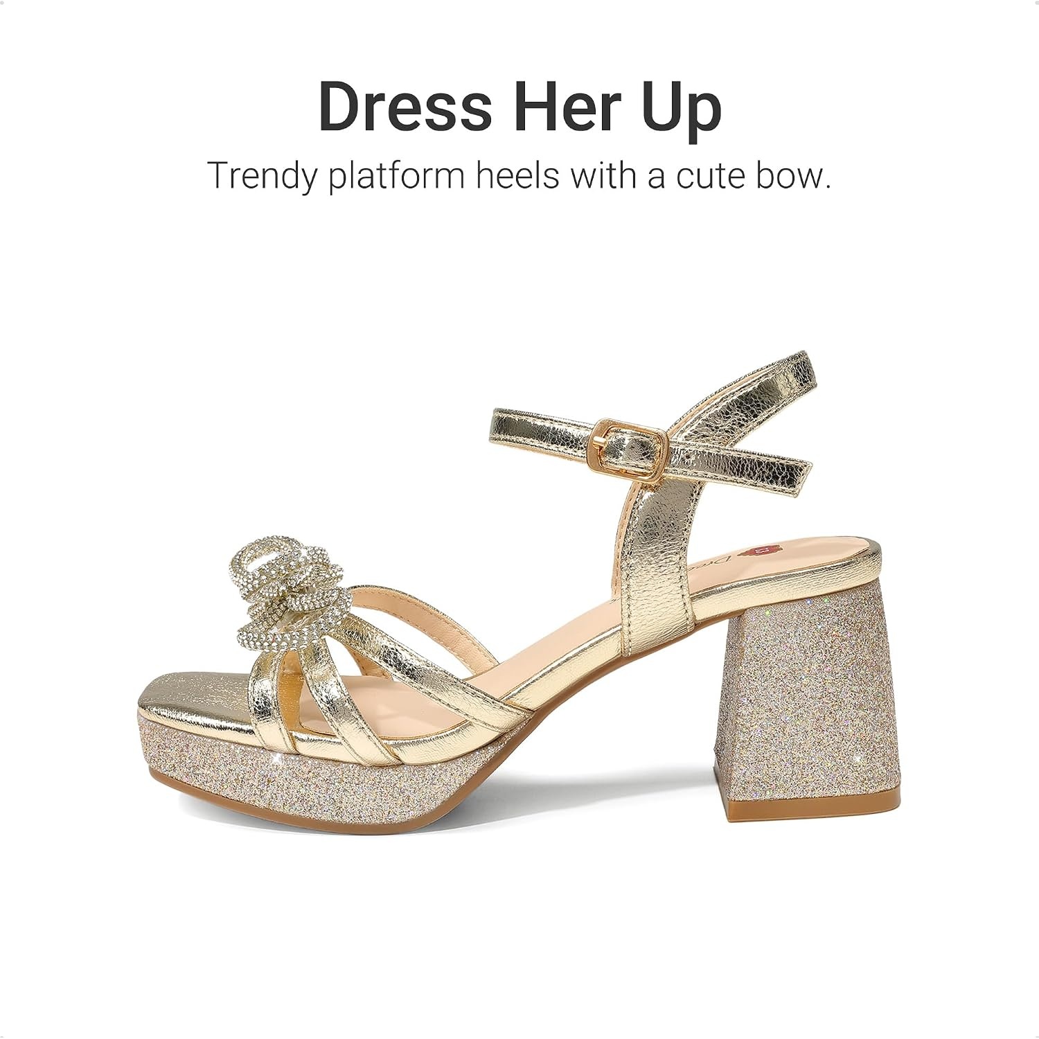image:imageDREAM PAIRS Girls Sandals Chunky Sandals Foam insoles nonslip sole adjustable strap square toe shiny bow perfect for weddings parties proms amp daily wearGoldglitter