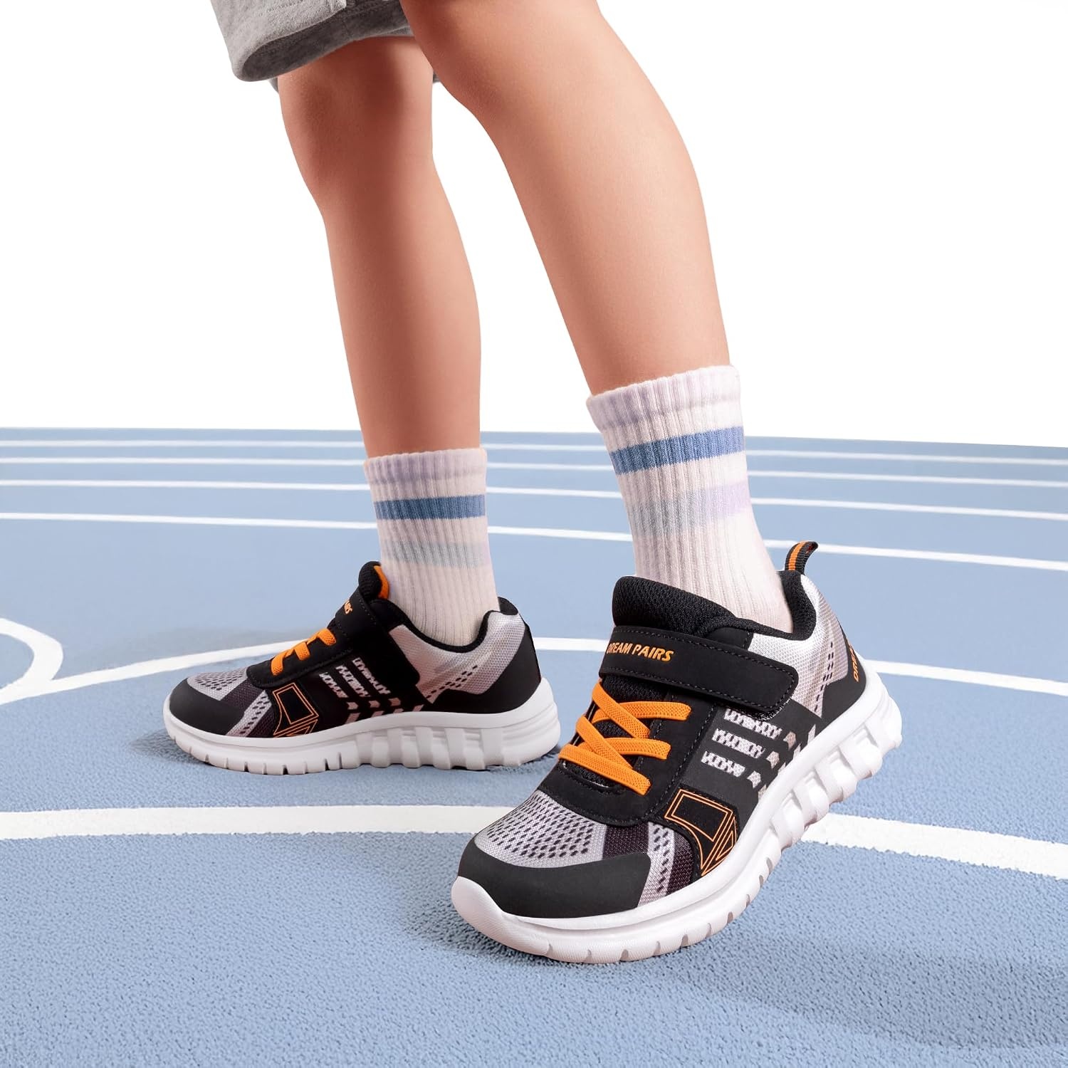 image:imageDREAM PAIRS Kids Sneakers Running Lightweight Breathable knit upper Hookandloop Cushioned foam insole Boys Girls athletic tennis shoesBlackGreyOrange