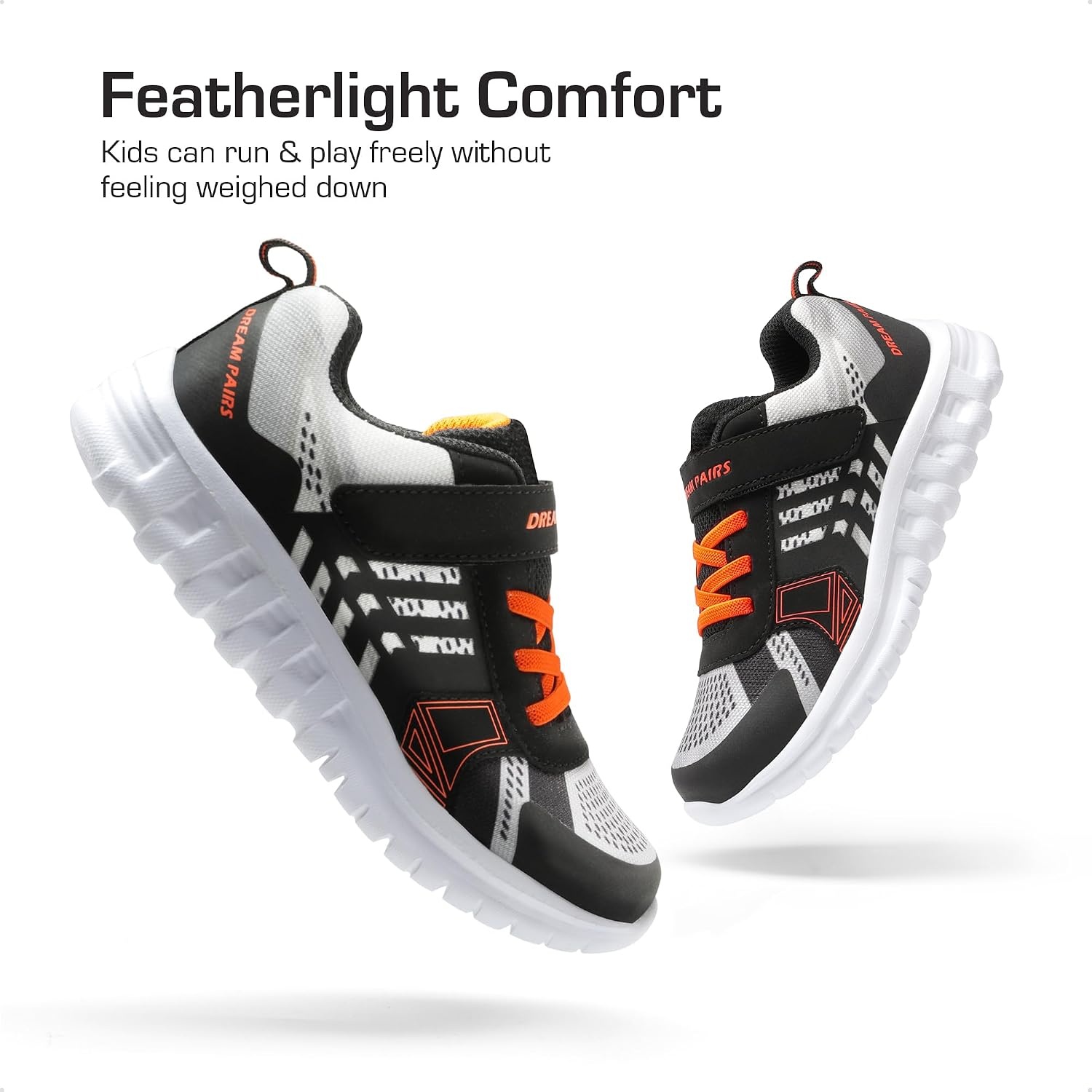 image:imageDREAM PAIRS Kids Sneakers Running Lightweight Breathable knit upper Hookandloop Cushioned foam insole Boys Girls athletic tennis shoesBlackGreyOrange