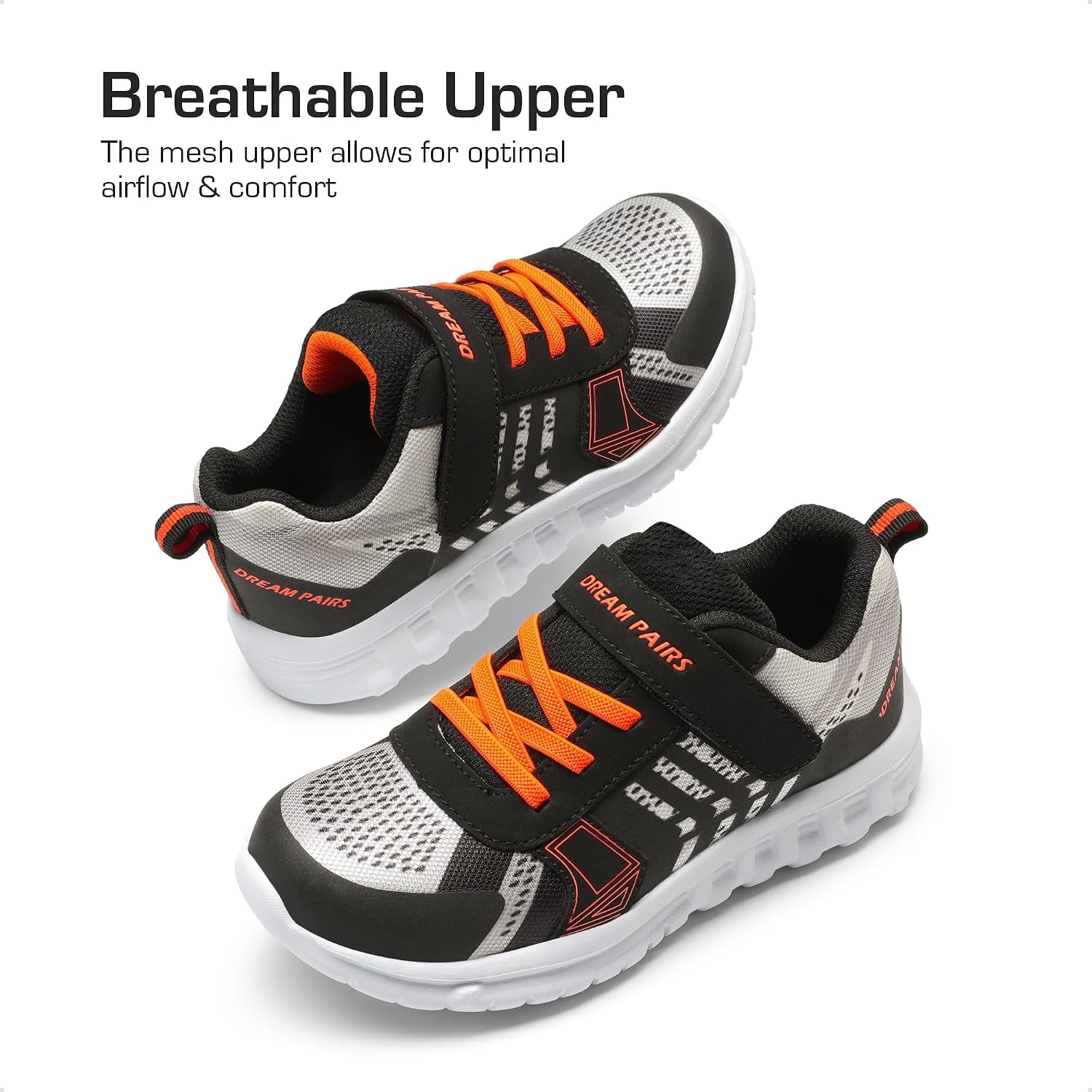 image:imageDREAM PAIRS Kids Sneakers Running Lightweight Breathable knit upper Hookandloop Cushioned foam insole Boys Girls athletic tennis shoesBlackGreyOrange