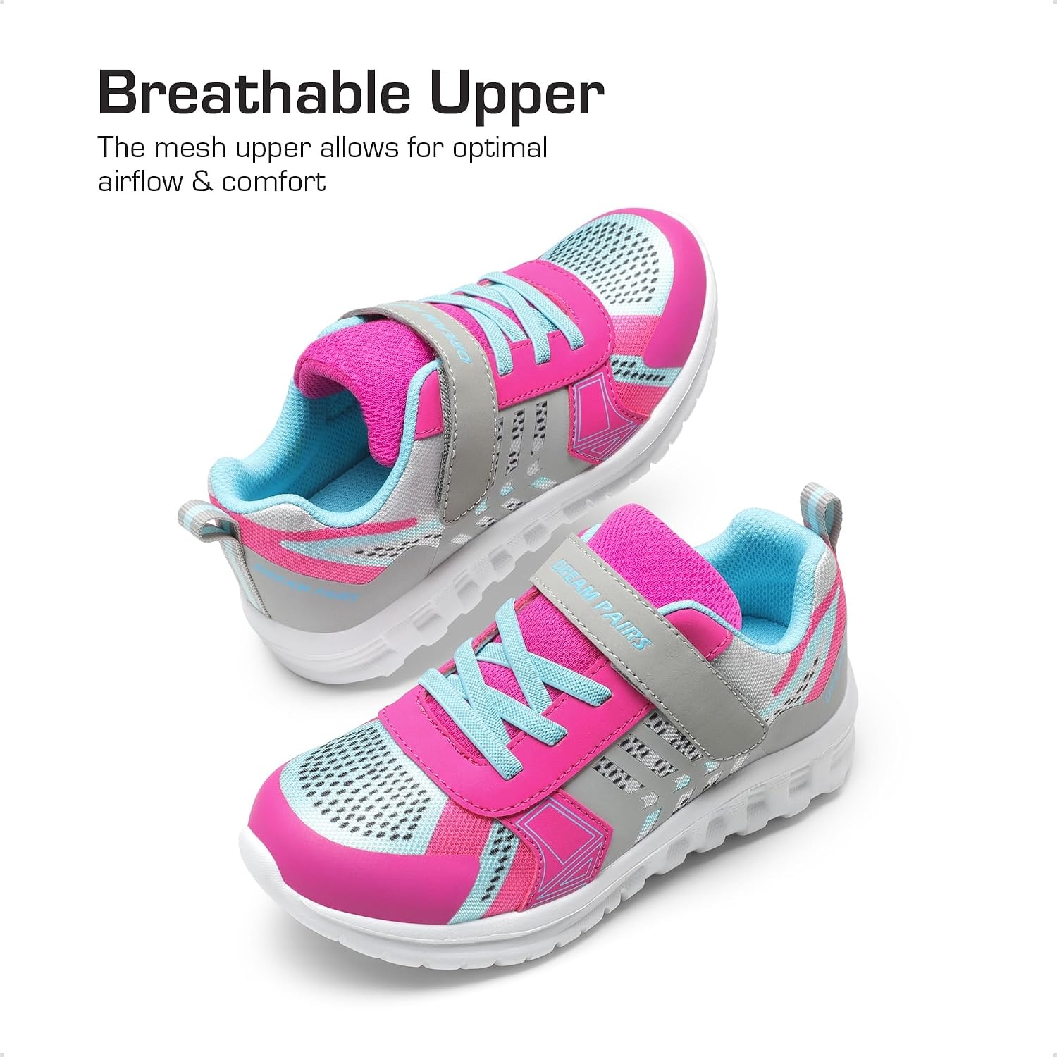 image:imageDREAM PAIRS Kids Sneakers Running Lightweight Breathable knit upper Hookandloop Cushioned foam insole Boys Girls athletic tennis shoesGreyFuchsiaBlue