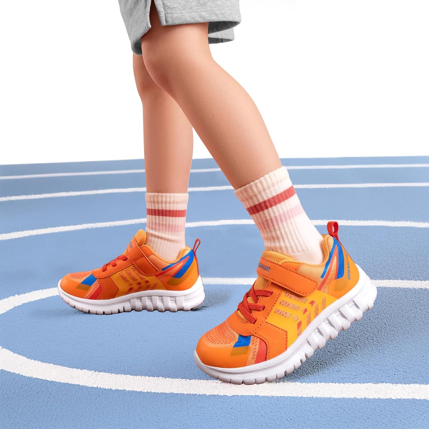 image:imageDREAM PAIRS Kids Sneakers Running Lightweight Breathable knit upper Hookandloop Cushioned foam insole Boys Girls athletic tennis shoesOrangeRoyal Blue