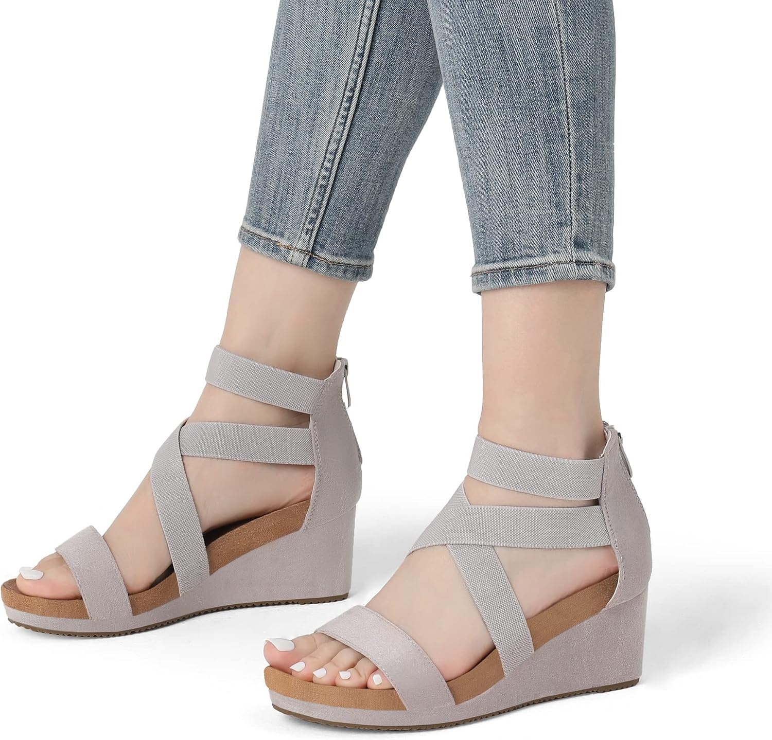 image:imageDREAM PAIRS Womens Elastic Ankle Strap Open Toe Platform Wedge Sandals Comfortable Summer ShoesGrey