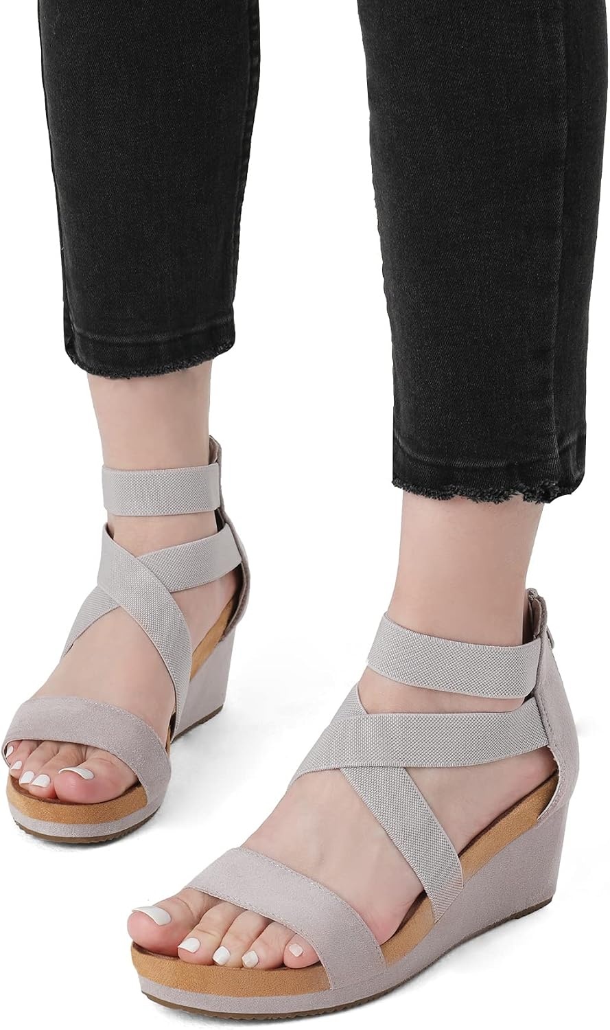 image:imageDREAM PAIRS Womens Elastic Ankle Strap Open Toe Platform Wedge Sandals Comfortable Summer ShoesGrey