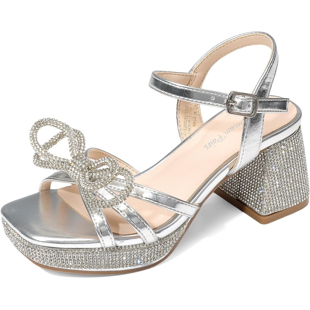 image:imageDREAM PAIRS Girls Sandals Chunky Sandals  Foam insoles nonslip sole adjustable strap square toe shiny bow perfect for weddings parties proms amp daily wearSilvermetallic