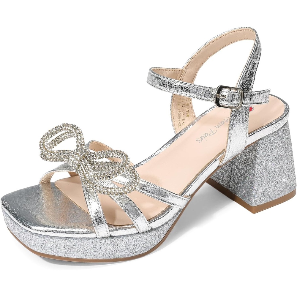 image:imageDREAM PAIRS Girls Sandals Chunky Sandals Foam insoles nonslip sole adjustable strap square toe shiny bow perfect for weddings parties proms amp daily wearSilver