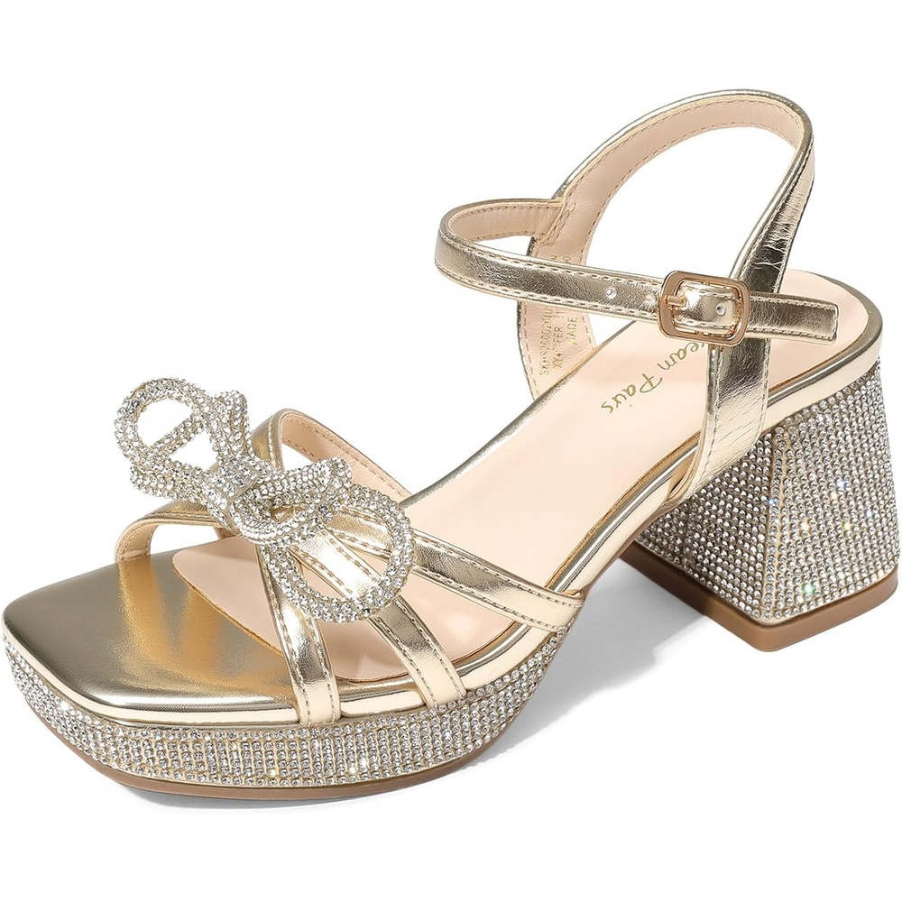 image:imageDREAM PAIRS Girls Sandals Chunky Sandals Foam insoles nonslip sole adjustable strap square toe shiny bow perfect for weddings parties proms amp daily wearGoldmetallic