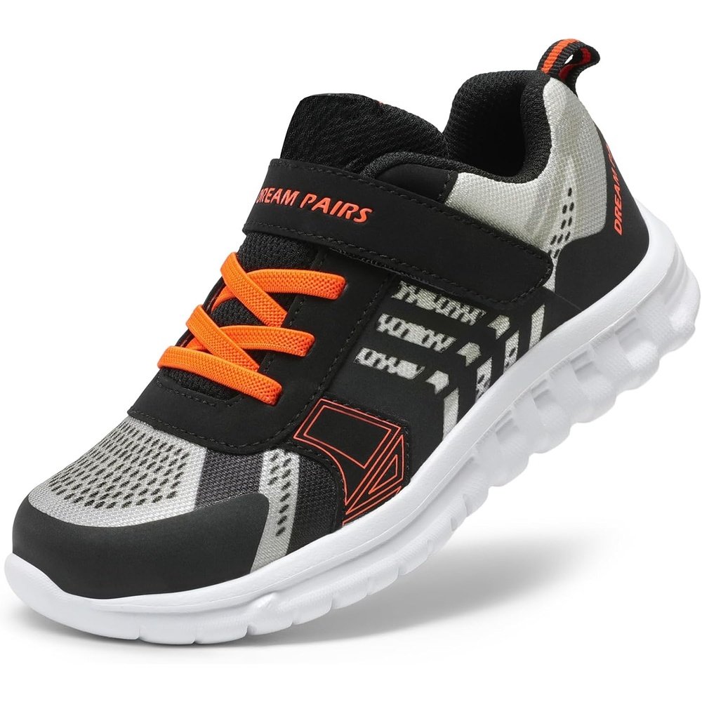 image:imageDREAM PAIRS Kids Sneakers Running Lightweight Breathable knit upper Hookandloop Cushioned foam insole Boys Girls athletic tennis shoesBlackGreyOrange
