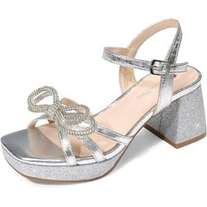 DREAM PAIRS Girls Sandals Chunky Sandals | Foam insoles, non-slip sole, adjustable strap, square toe shiny bow, perfect for weddings, parties, proms & daily wear(Silver)