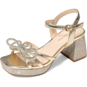 DREAM PAIRS Girls Sandals Chunky Sandals | Foam insoles, non-slip sole, adjustable strap, square toe shiny bow, perfect for weddings, parties, proms & daily wear(Gold-glitter)