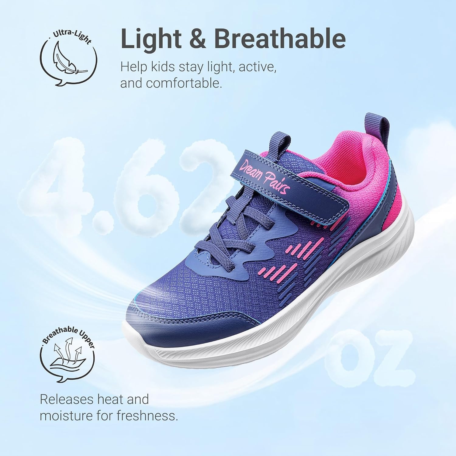 image:imageDREAM PAIRS Kids Shoes Tennis Sneakers LightweightRunningBreathableComfortable Non SlipHookandLoopWalking Gym School Daily PlayDark PurpleHot Pink