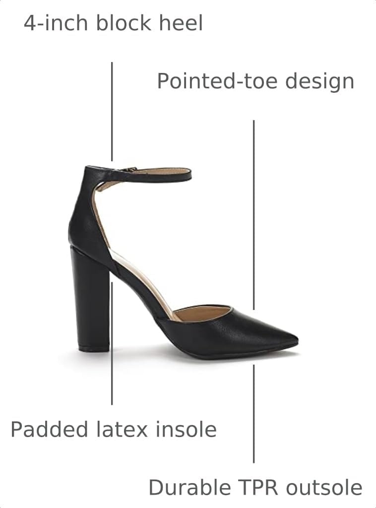 image:imageDREAM PAIRS Womens Coco High Heels Chunky Pumps Pointed Closed Toe Ankle Strap Block Pumps Wedding Dress Shoes for WomenBlackPu