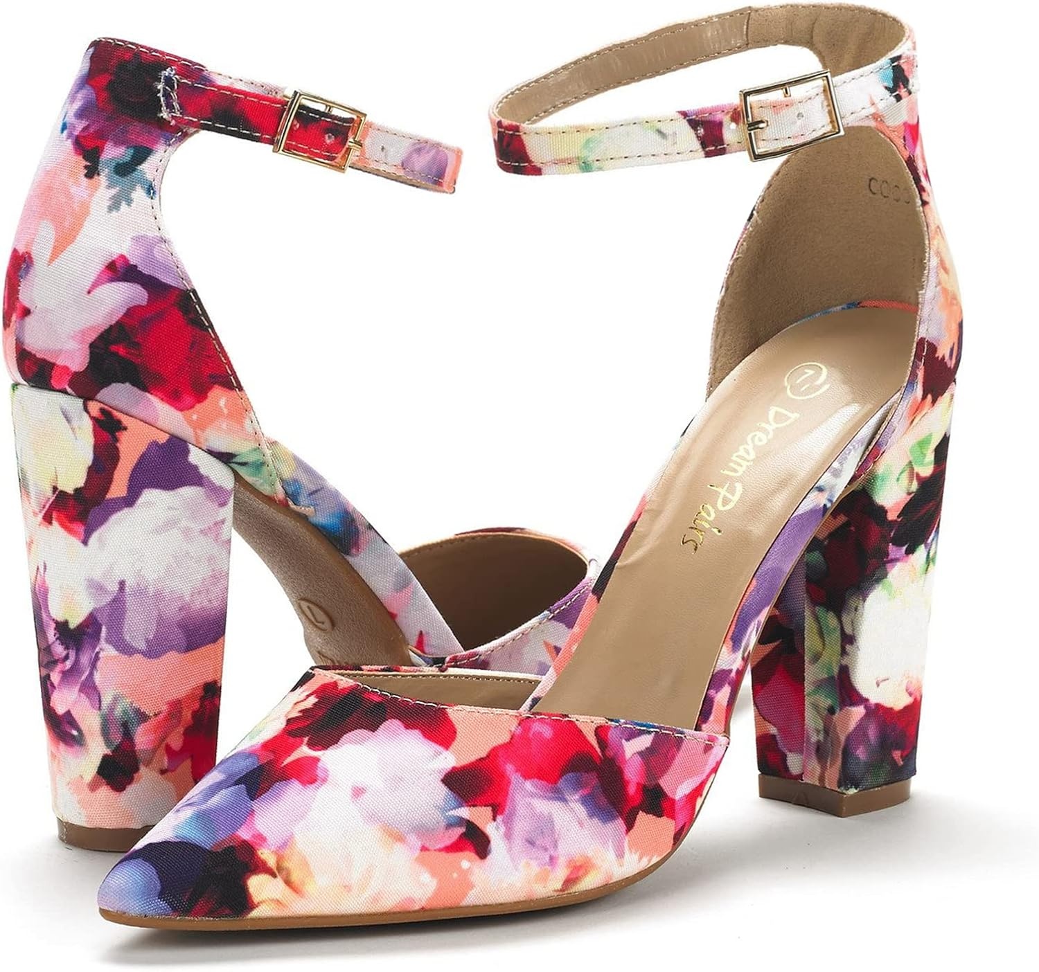 image:imageDREAM PAIRS Womens Coco High Heels Chunky Pumps Pointed Closed Toe Ankle Strap Block Pumps Wedding Dress Shoes for WomenFloral