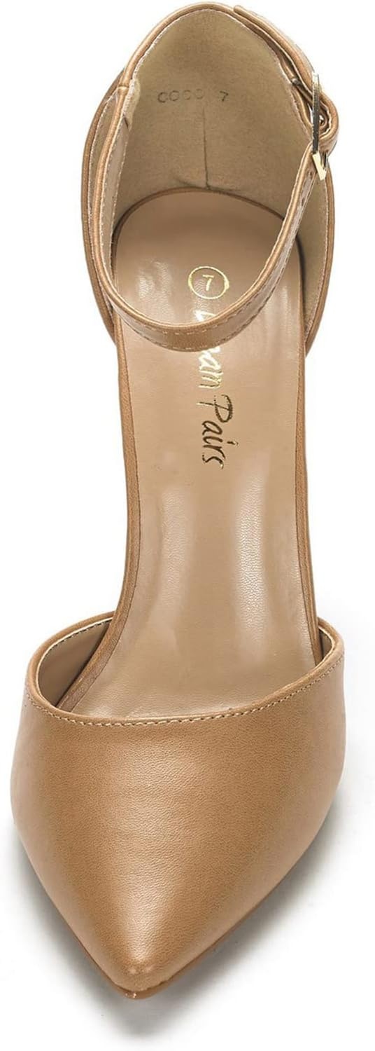 image:imageDREAM PAIRS Womens Coco High Heels Chunky Pumps Pointed Closed Toe Ankle Strap Block Pumps Wedding Dress Shoes for WomenNudePu