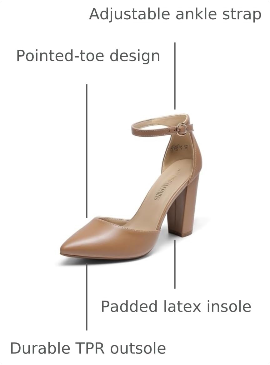 image:imageDREAM PAIRS Womens Coco High Heels Chunky Pumps Pointed Closed Toe Ankle Strap Block Pumps Wedding Dress Shoes for WomenNudePu