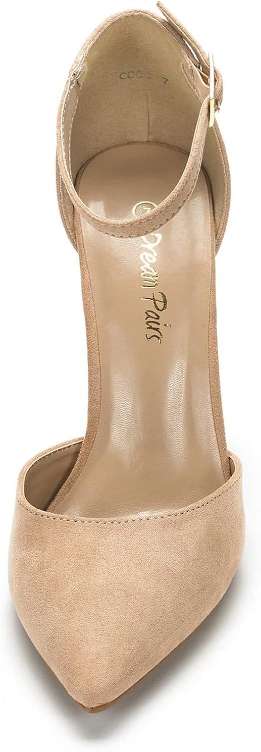 image:imageDREAM PAIRS Womens Coco High Heels Chunky Pumps Pointed Closed Toe Ankle Strap Block Pumps Wedding Dress Shoes for WomenNudeSuede