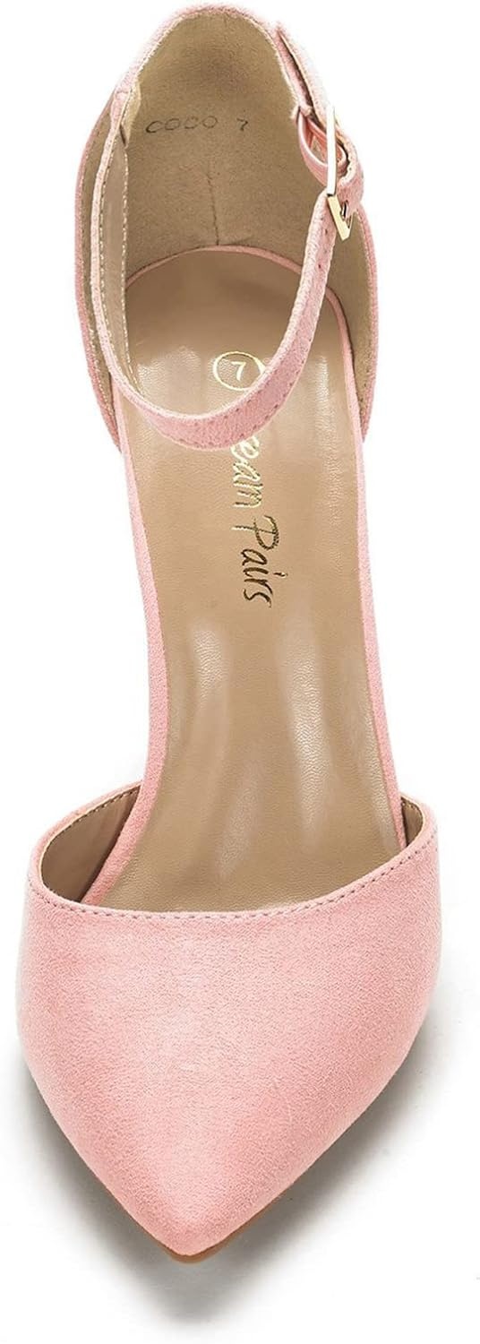 image:imageDREAM PAIRS Womens Coco High Heels Chunky Pumps Pointed Closed Toe Ankle Strap Block Pumps Wedding Dress Shoes for WomenPinkSuede