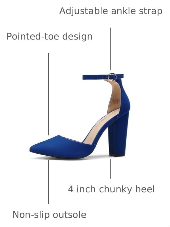 image:imageDREAM PAIRS Womens Coco High Heels Chunky Pumps Pointed Closed Toe Ankle Strap Block Pumps Wedding Dress Shoes for WomenRoyalBlue