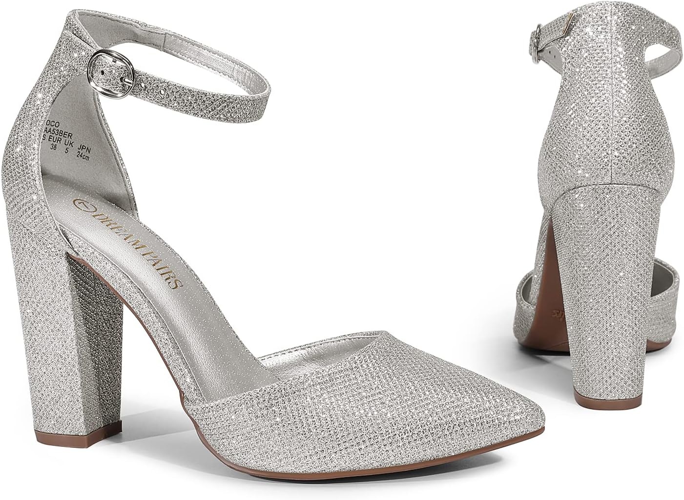 image:imageDREAM PAIRS Womens Coco High Heels Chunky Pumps Pointed Closed Toe Ankle Strap Block Pumps Wedding Dress Shoes for WomenSilverGlitter